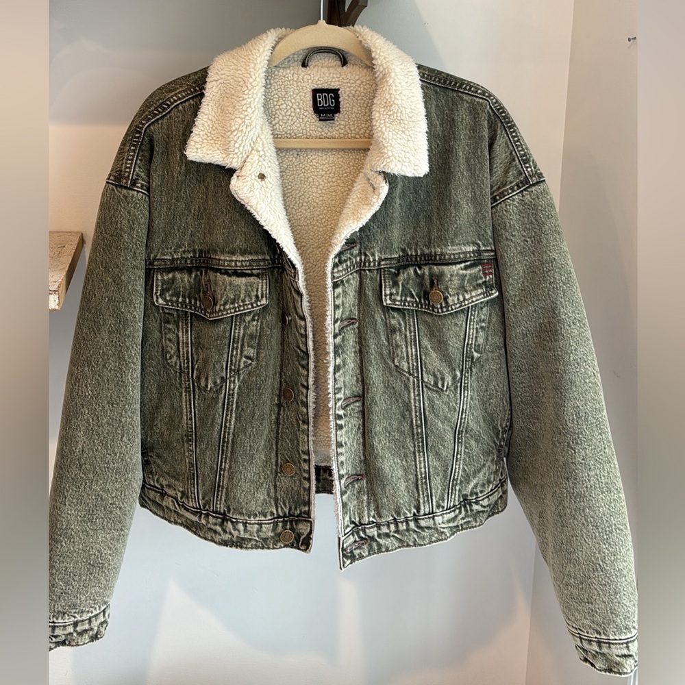 BDG Olive Denim Jacket with Sherpa Collar